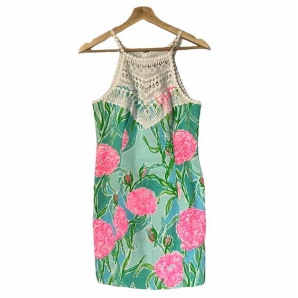 Lilly Pulitzer Pearl Shift Hight Neck Shift Dress Poolside Blue Green Floral 4 - Picture 2 of 7